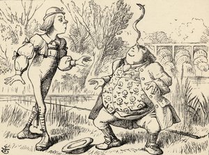 1891年に出版されたルイスキャロルによる「不思議の国のアリスの冒険」からのウィリアム神父の鼻でのウナギのバランス調整 作： John Tenniel